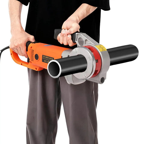 Powerful 2300W Electric Pipe Threader With Six Dies for metal pipes, held by a user, showcasing heavy duty design and portability.