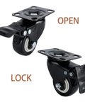8 Pack 2 Inch Heavy Duty Swivel Plate Caster Wheels With Double Brake And PU Foam No Noise For Furniture Tables Trolleys Workbenches And Garage Use Each Caster Supports Up To 150 Lbs Durable Top Plate With Double Ball Bearing For Smooth Quiet Rolling, shown in open and lock positions.