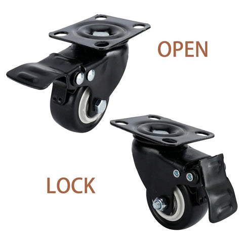 8 Pack 2 Inch Heavy Duty Swivel Plate Caster Wheels With Double Brake And PU Foam No Noise For Furniture Tables Trolleys Workbenches And Garage Use Each Caster Supports Up To 150 Lbs Durable Top Plate With Double Ball Bearing For Smooth Quiet Rolling, shown in open and lock positions.