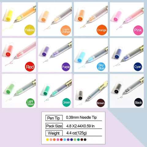 Ultra Fine Point 0.38mm Gel Pens Set, 12 Dope Colors For Note Taking, Journaling, Drawing, Coloring And Planning color chart.