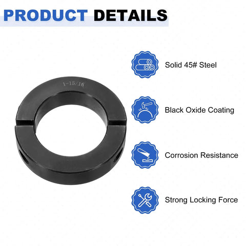Double Split Shaft Collar For One And Fifteen Sixteenths Inch Shaft, Two Piece Clamping Collar, 3 Inch Outside Diameter, Eleven Sixteenths Inch Width, Black Oxide Steel Lock Collar Clamp, Set Screw Style, Heavy Duty Industrial Hardware, black split collar on white background