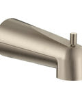Side view of Tub Spout With Lift Diverter, 7 Inch, Slip Fit CC Connection, Brushed Nickel Finish, seamless bath to shower conversion.