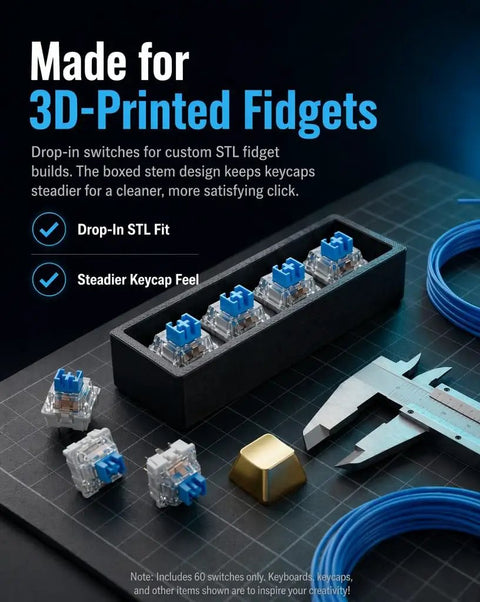 60 Piece Blue Keyboard Switches Clicky Tactile Clickers For 3D Printing Projects And Fidget Toys With Crisp Bangin Sound And Strong Feedback To Upgrade Your Setup, blue MX-style switches in a tray with caliper