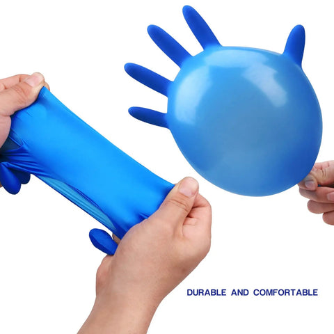 Stretching Powder Free Nitrile Disposable Gloves 4 Mil Thick Large 100 Count Latex Free Dark Blue Exam Gloves for durability demonstration.