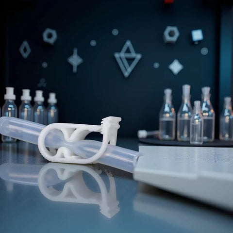 10 Pcs White Plastic Tubing Clamps One Quarter Inch to One Half Inch Adjustable Tube Clamp in a lab setting with bottles