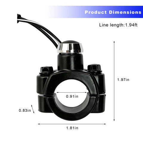 Heavy Duty 7/8 Inch Motorcycle Handlebar Switch For Dirt Bikes Slick Aluminum Engine Start Button With Quick Bullet Plugs Momentary Action No Sweat Install, showing dimensions and design details.