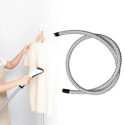 Universal Garment Steamer Hose Extension Set 2m Heat Insulated PVC Tube, steaming beige shirt on hanger with hose detail