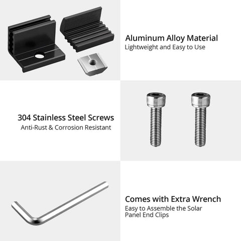 Heavy Duty Solar Panel End Clamps 10 Piece Kit Adjustable 30 To 50 Millimeter Roof Brackets with stainless steel screws and wrench.
