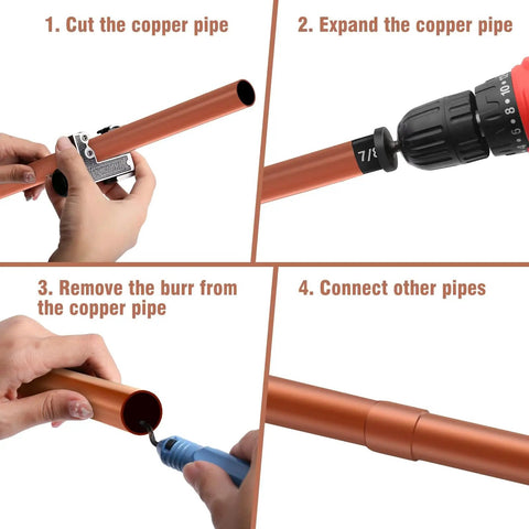 Step-by-step use of Pro Grade Copper Pipe Cutter And Expander Drill Bit Tools Set Swaging HVAC Deburring Kit For Copper Tubing