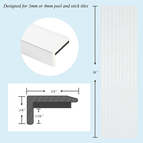 10 Pack 36 Inch Peel And Stick Aluminum Tile Trim For Kitchen Backsplash Edge Decorative Self Adhering Matte Silver DIY Friendly No Sweat Install Durable Water And Heat Resistant Repaintable Finish shown with dimensions and close-up angle.