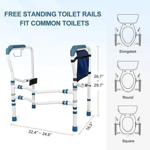 Adjustable Toilet Safety Frame And Rail With Handles And Storage Pocket, steel, fits common toilets, dimensions 22.4-24.6in wide