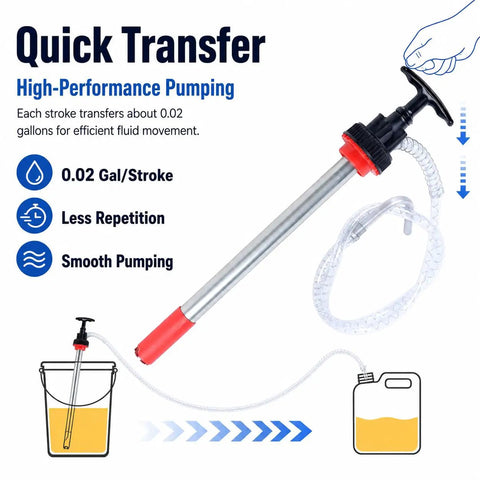 Heavy Duty Manual Push Oil Transfer Pump Works Like A Charm Moving Light Fluids To Thick Gear Oil with clear tube and nozzle.