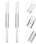 Full Extension Drawer Slides 2 Pack With Detachable Quick Release Latches For Tool Free Assembly Fully Extendable Drawers To Access Every Item And Maximize Storage In Kitchen Closet Or Furniture Measures 15.5 By 1.6 Cm, showing metal slides and latches.