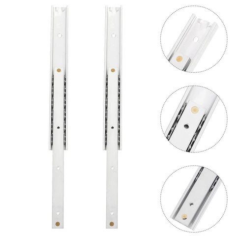 Full Extension Drawer Slides 2 Pack With Detachable Quick Release Latches For Tool Free Assembly Fully Extendable Drawers To Access Every Item And Maximize Storage In Kitchen Closet Or Furniture Measures 15.5 By 1.6 Cm, showing metal slides and latches.