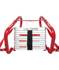 Fire Escape Ladder For Two Story Home With Anti-Skid Rungs, folded and compact, showing red frame and metal steps, front view.