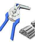Nail Ring Pliers Kit With Stainless Snap Ring Pliers And 1200 Galvanized Nails for Hog Rings Fence Chicken Coop Poultry Wire Mesh Garden Cages Easy One Handed Quick Install And Durable DIY Tool Set showing blue-handled pliers and nails.