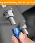 Comfylichi blue aluminum bolt size finder held near a threaded bolt for quick thread size identification in tight spaces.