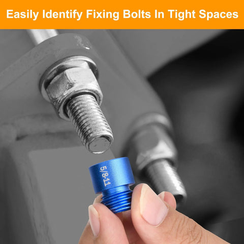 Comfylichi blue aluminum bolt size finder held near a threaded bolt for quick thread size identification in tight spaces.