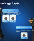Plug And Play Level Two EV Charger With Nema 14-50 Outlet Connector And 25 Foot Cable showing dual-voltage adapter options.