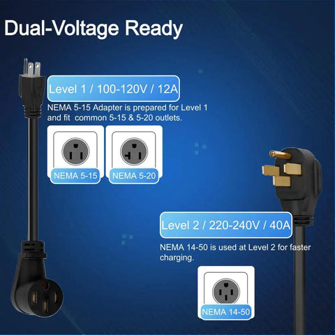 Plug And Play Level Two EV Charger With Nema 14-50 Outlet Connector And 25 Foot Cable showing dual-voltage adapter options.