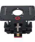 Pro Shop Router Inverted Lift Table Built From Heavy Duty Cnc Machined Aluminum With A Knockout Stainless Steel Lifting Rod For Flawless Cuts And Serious Benchtop Woodworking Upgrades That Fits 69 Mm Routers Dead On, showing the top view, design with measurement scales.