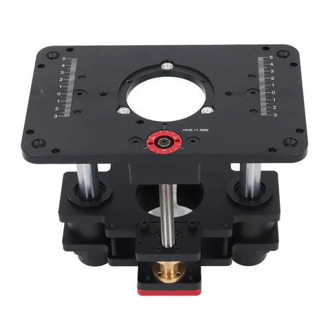 Pro Shop Router Inverted Lift Table Built From Heavy Duty Cnc Machined Aluminum With A Knockout Stainless Steel Lifting Rod For Flawless Cuts And Serious Benchtop Woodworking Upgrades That Fits 69 Mm Routers Dead On, showing the top view, design with measurement scales.