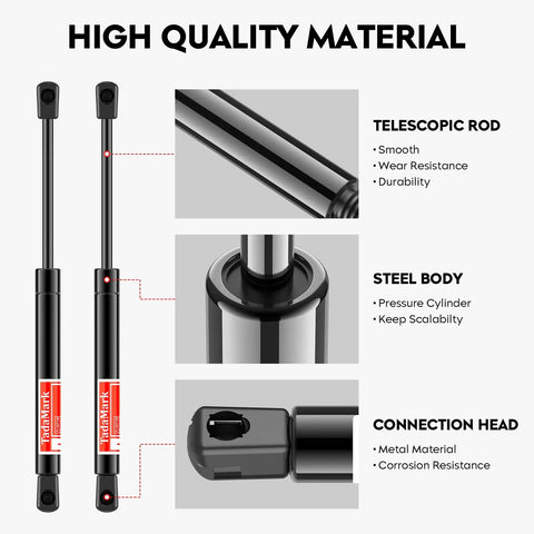 Diagram showing features of Beefy Rear Hatch Trunk Lift Supports Gas Spring Shocks Set Of 2 for Challenger 2008-2018 with telescopic rod and steel body.