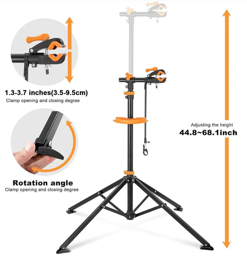 Foldable Bike Repair Stand With Magnetic Tool Tray And 360 Degree Head For 20 To 29 Inch Mountain And Road Bikes, adjustable height