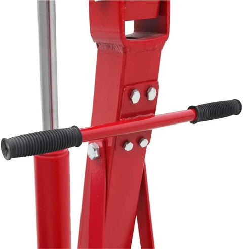 Detail of the handle and mast for Zero Hassle 4000 Lbs Hydraulic Engine Hoist Shop Crane with reinforced steel design.