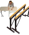 Rock Solid Adjustable Roller Stand Support Two Pack Heavy Steel Frame with smooth rollers aiding in woodworking tasks.