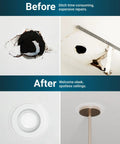 Before and after ceiling repair with 12 Pack Goof Rings For 4 Inch Recessed Lights White Matte Finish Outer Diameter 6.7 Inches Inner Diameter 4.25 Inches Durable Plastic Flush Mount Ceiling Trim Covers For Clean Quick Ceiling Repair.