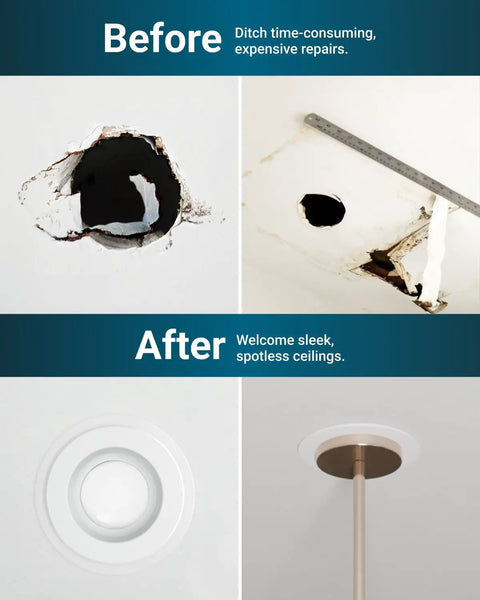 Before and after ceiling repair with 12 Pack Goof Rings For 4 Inch Recessed Lights White Matte Finish Outer Diameter 6.7 Inches Inner Diameter 4.25 Inches Durable Plastic Flush Mount Ceiling Trim Covers For Clean Quick Ceiling Repair.