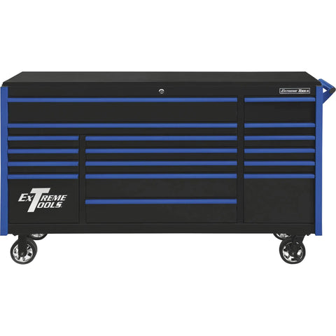 Heavy Duty 17 Drawer Rolling Tool Chest Cabinet 72 Inch Wide Shop Rig Storage With Smooth Mag Wheels And Crisp Blue Pulls at front angle.