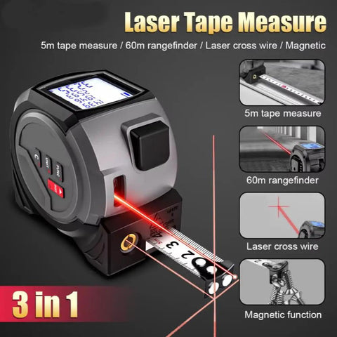 No Sweat Laser Tape Measure With Dual Cross Line Generator And Crisp Backlit Screen Featuring Linear Volume Plus Pythagorean Modes For Quick Construction And Remodeling, showing the laser cross wire.