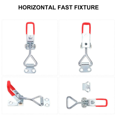 Beefy Adjustable Toggle Latch Clamps Set with Zinc Plated Iron Draw Latches in four views, quick release door clamp feature visible