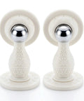 Heavy Duty Magnetic Door Stopper 2 Pack With Peel And Stick Adhesive Silicone Wall Protector No Drill Floor Catch For Renters And Home Office White Pro Move Design, featuring elegant design and shiny metal knob.