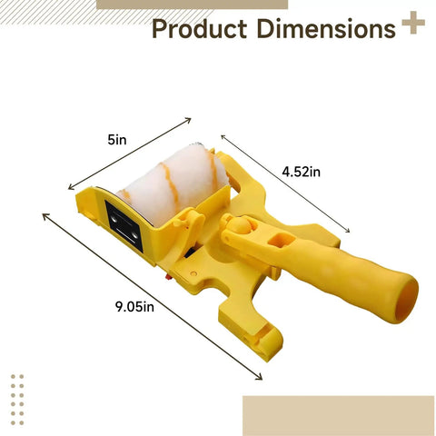 No Sweat Paint Roller Set With Adjustable Extension Pole And Two Spare Covers For Crisp Ceiling Lines And Smooth Wall Coats Comes With Splash Guard Tray For Zero Hassle Pro Level DIY Projects dimensions showing 9.05in length, 5in width, 4.52in height.
