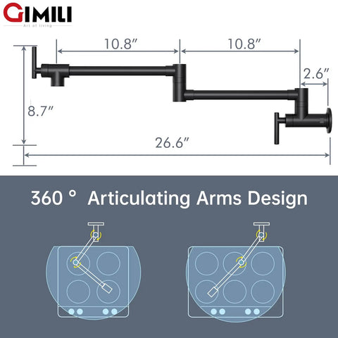 Slick Matte Black Pot Filler Faucet With A 24 Inch Swivel Arm showing 360° articulating design for stove top use.