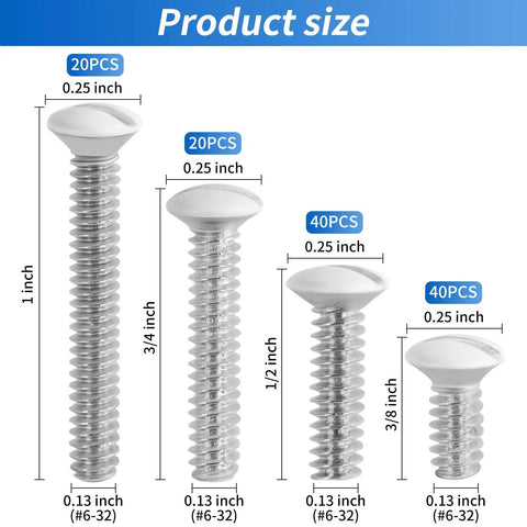 Top Shelf 120 Piece White Wall Plate Screw Kit With Four Standard Thread Sizes For Outlet Covers Light Switches And Faceplate Fasteners No Sweat Setup Smooth Install Daily showing four screw types and sizes.