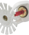 Dual Pack Pendent Fire Sprinkler Heads With Half Inch Npt Thread And Ul Approval For Easy Automatic Fire Defense Featuring Standard Response Glass Bulb Shutoff At 155 Fahrenheit In White Finish, close-up view showcasing the sprinkler head design.