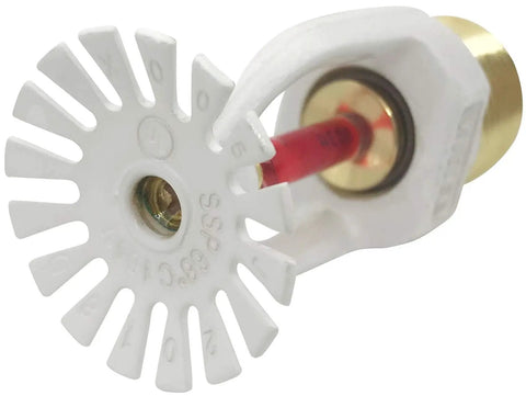 Dual Pack Pendent Fire Sprinkler Heads With Half Inch Npt Thread And Ul Approval For Easy Automatic Fire Defense Featuring Standard Response Glass Bulb Shutoff At 155 Fahrenheit In White Finish, close-up view showcasing the sprinkler head design.