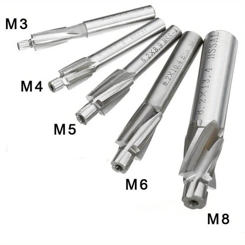 Set of five HSS counterbore end mills in sizes M3–M8.