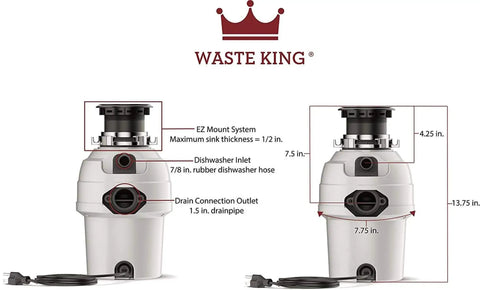 High Speed Kitchen Garbage Disposal With Power Cord Food Waste Disposer 2700 RPM 115V Motor with Measurements Display