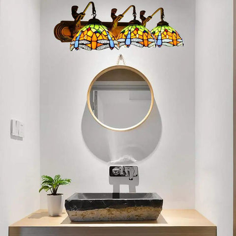 Colorful Tiffany Victorian Dragonfly Mermaid Three-Head Wall Sconce With Glass Lamp Base, 25.5 Inch Wide above modern sink