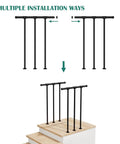 Heavy Duty Metal Deck Railings Kit With Balusters For Porch And Balcony Easy Install Outdoor Wrought Iron Flat Rail System Rust Resistant Powder Coated Finish 34 Inch High By 4 Foot Wide Black shown with installation options on wooden stairs.