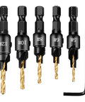 Knock Out Your Next Project Hassle Free With This Five Piece Countersink And Step Drill Bit Set Crafted For Fast Woodworking And Metal Drilling Cordless Ready Tough Gray Tools showing five black drill bits with gold flutes.