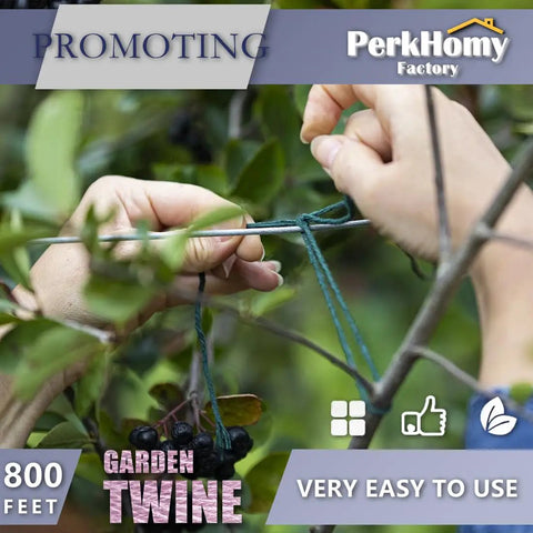 Hands tying plant with Natural Jute Garden Twine 800 Feet Green 2mm Thick for Plant Ties Tomato Climbing Floristry Gift Wrapping
