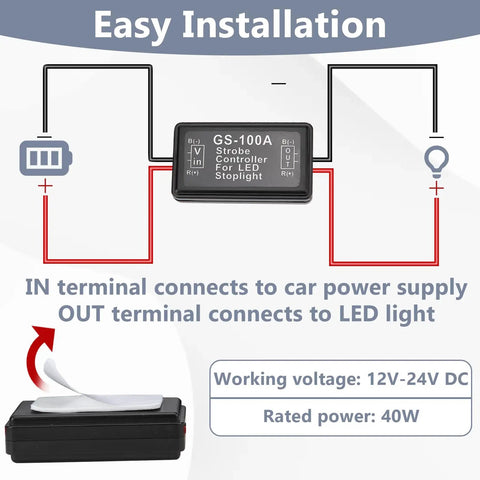 Brake Strobe Light Flasher Module Two Pack With Dual Flash Patterns For Safer Driving, Four Quick Then Four Slow Blinks Before Steady Light, GS 100A Car Brake Warning System For Eye Catching Alerts wiring diagram with 12V-24V DC, 40W