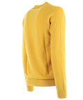Back view of yellow knitted sweater with ribbed cuffs and hem, showcasing long sleeves and a smooth textured finish.