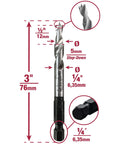 Pro Grade 5mm Shelf Jig Bit for 1343 Shelf Jig, quarter inch quick connect shank, 5mm step down, high-speed steel drill bit with measurements